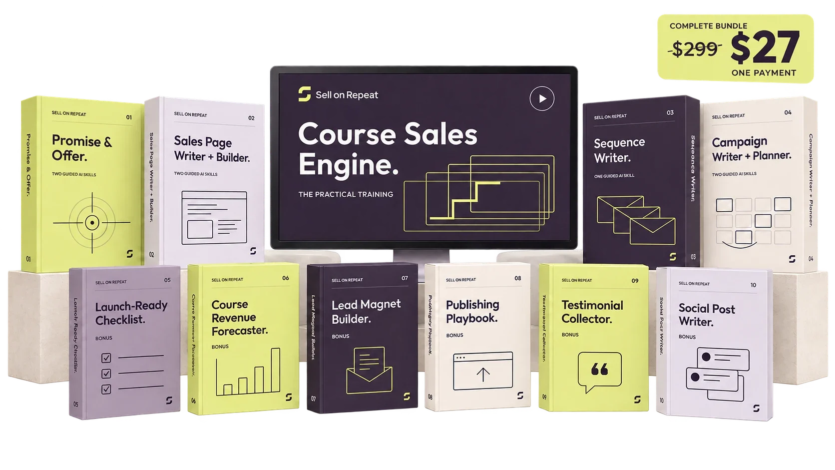The Course Sales Engine bundle: the practical training on screen, the four core AI skills and six bonuses as books. Complete bundle, $299 crossed out, $27 one payment.