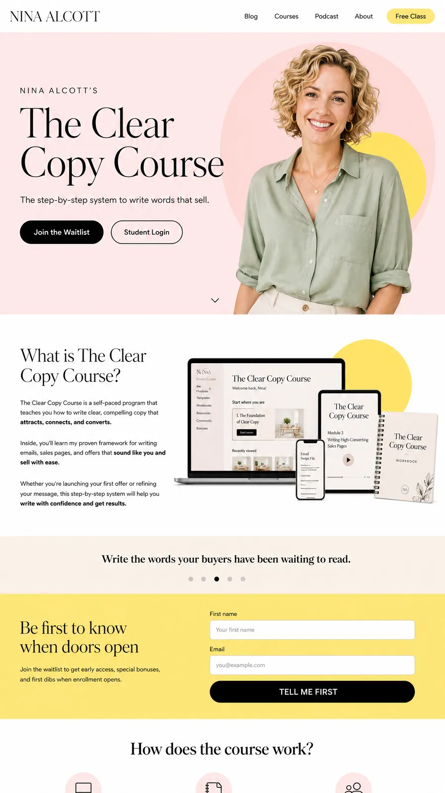 Example sales page for The Clear Copy Course (fictional)